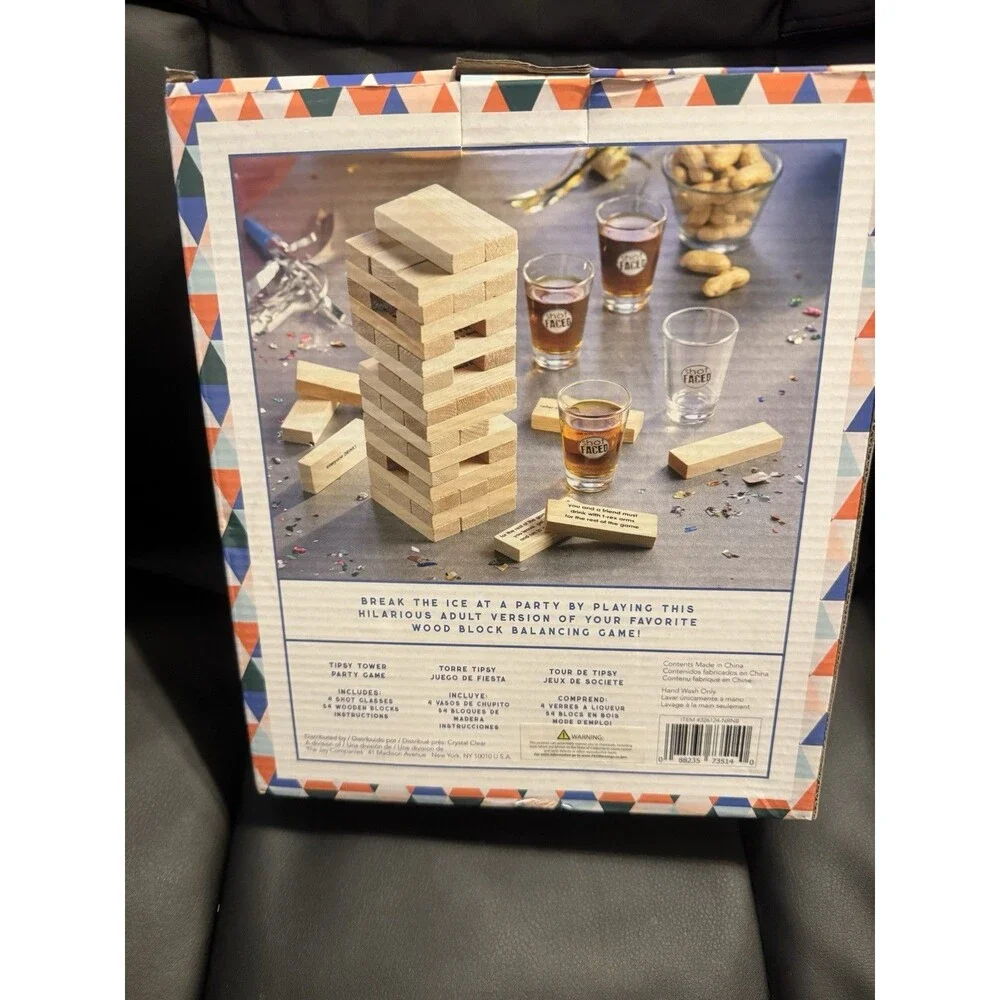 Crystal Clear Tipsy Tower Includes 4 Shot Glasses & 54 Wooden Blocks